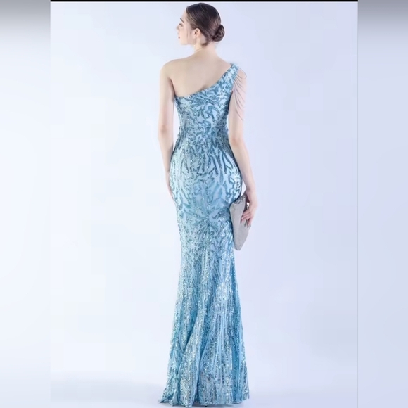 Blue, Geo Print, Assymmetrical Feather, Beaded,Slit Thigh, Sequined Mermaid Gown - Picture 3 of 12